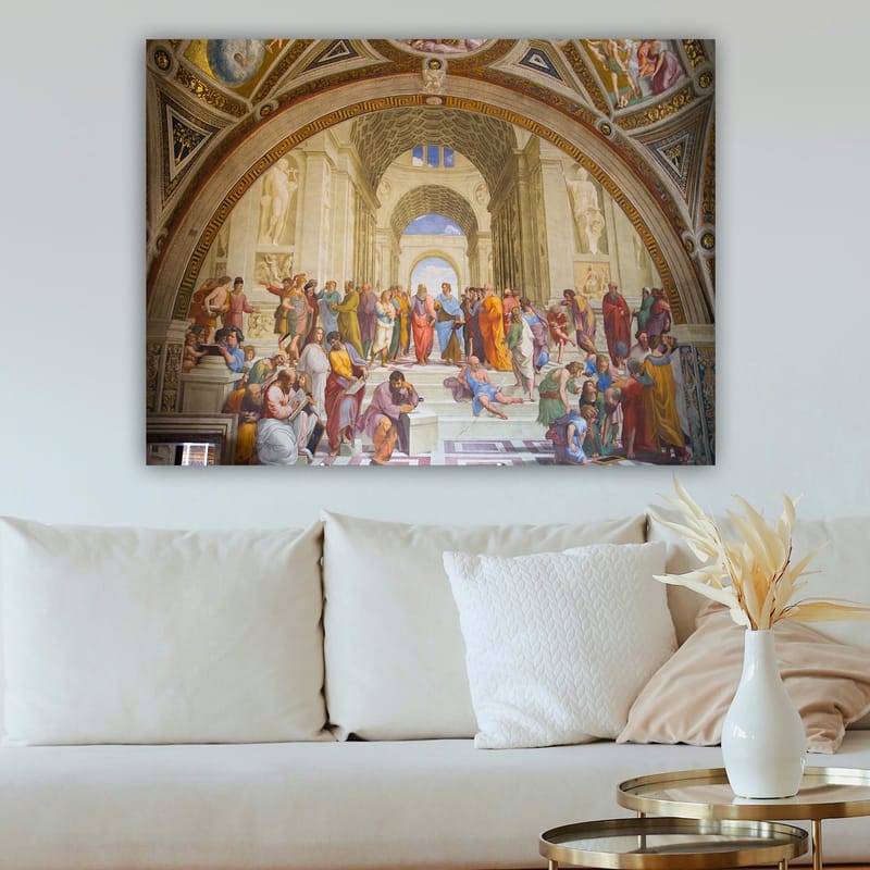 Lerretsbilde 70x100 cm - Stor samling av filosofer og tenkere i en praktfull arkitektonisk setting - Blå / Rød / Beige - Interiør - Maleri & posters - Lerretsbilder