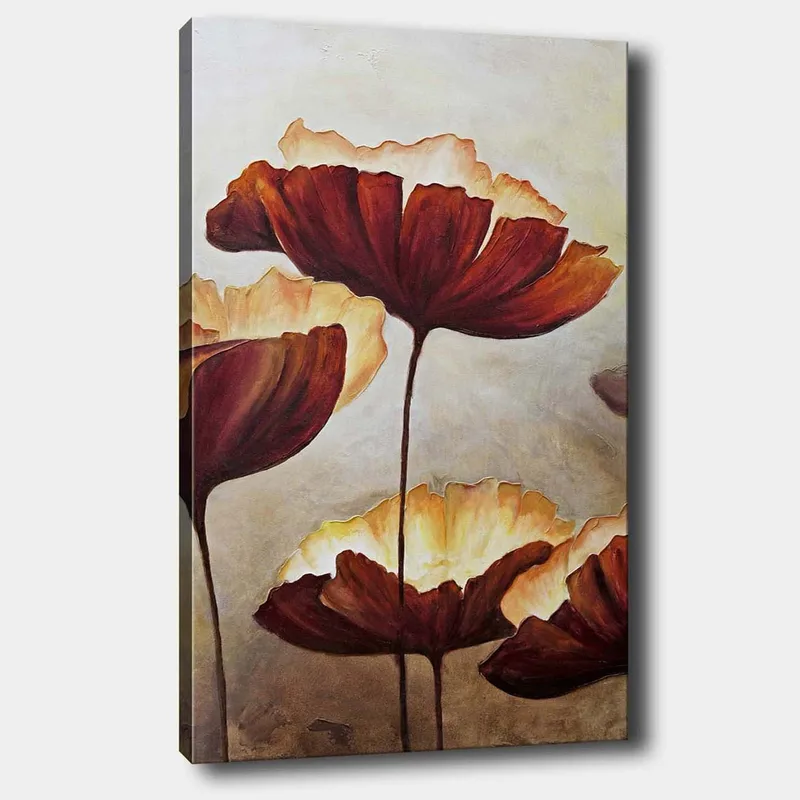 Lerretsbilde 70x100 cm - Store, stiliserte blomster i varme toner, Mørk rød / Kremhvit