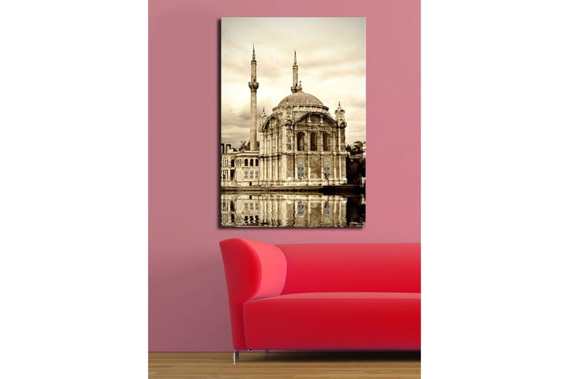 Lerretsbilde 70x100 cm - Storslått moské med kuppel og minareter speilet i vannet, Beige / Brun / Svart