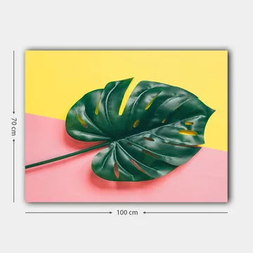 Lerretsbilde 70x100 cm - Stort, grønt monsterablad mot en fargerik bakgrunn av gult og rosa - Grønn / Gul / Rosa - Interiør - Maleri & posters - Lerretsbilder