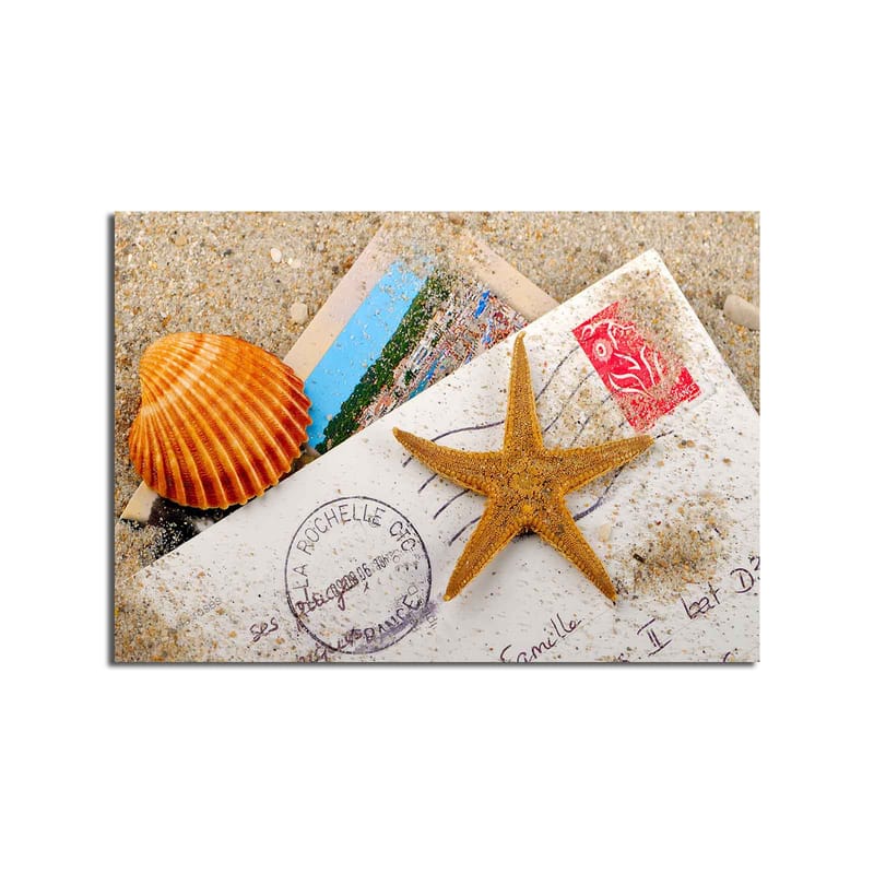Lerretsbilde 70x100 cm - Strandinspirert komposisjon med sjøstjerne og skjell på et postkort - Oransje / Beige / Hvit - Interiør - Maleri & posters - Lerretsbilder