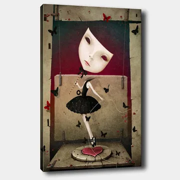 Lerretsbilde 70x100 cm - Surrealistisk ballerina med en stor, uttrykksfull ansiktsmaske som danser blant sommerfugler - Svart / Rød / Beige - Interiør - Maleri & posters - Lerretsbilder