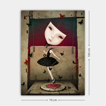 Lerretsbilde 70x100 cm - Surrealistisk ballerina med en stor, uttrykksfull ansiktsmaske som danser blant sommerfugler - Svart / Rød / Beige - Interiør - Maleri & posters - Lerretsbilder