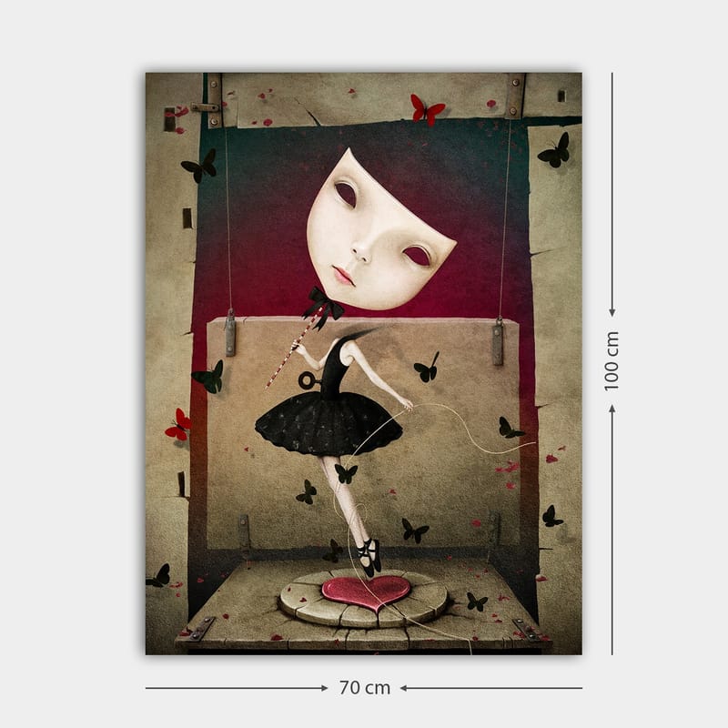 Lerretsbilde 70x100 cm - Surrealistisk ballerina med en stor, uttrykksfull ansiktsmaske som danser blant sommerfugler - Svart / Rød / Beige - Interiør - Maleri & posters - Lerretsbilder