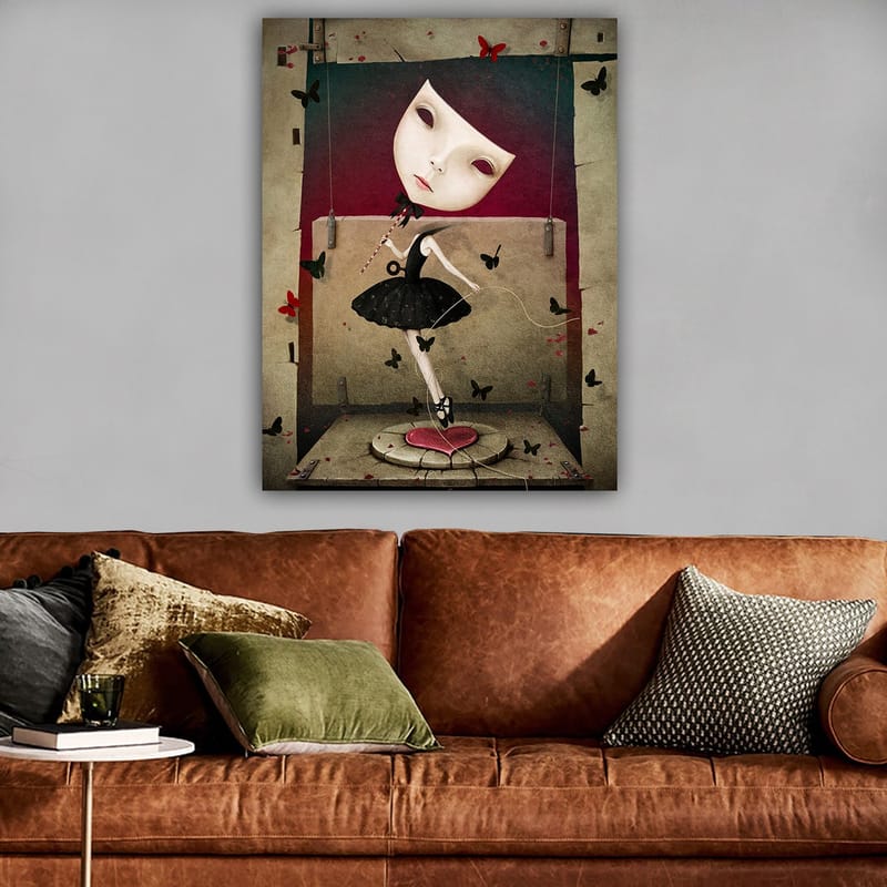Lerretsbilde 70x100 cm - Surrealistisk ballerina med en stor, uttrykksfull ansiktsmaske som danser blant sommerfugler - Svart / Rød / Beige - Interiør - Maleri & posters - Lerretsbilder