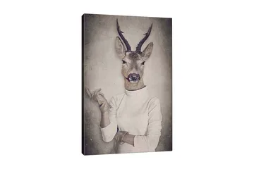 Lerretsbilde 70x100 cm - Surrealistisk bilde av en mann med et hjortehode som gestikulerer med hånden - Beige / Grå / Brun - Interiør - Maleri & posters - Lerretsbilder