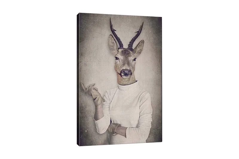 Lerretsbilde 70x100 cm - Surrealistisk bilde av en mann med et hjortehode som gestikulerer med hånden, Beige / Grå / Brun
