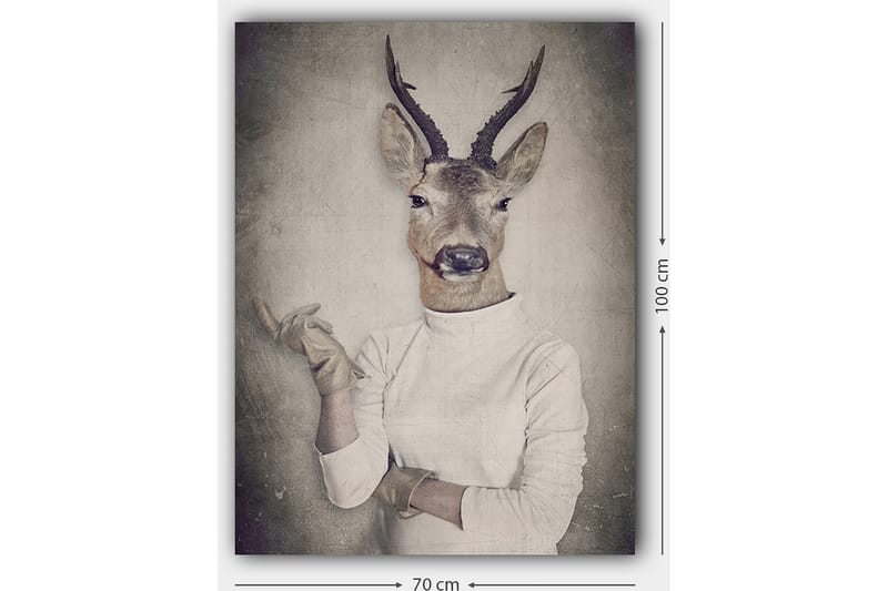 Lerretsbilde 70x100 cm - Surrealistisk bilde av en mann med et hjortehode som gestikulerer med hånden - Beige / Grå / Brun - Interiør - Maleri & posters - Lerretsbilder