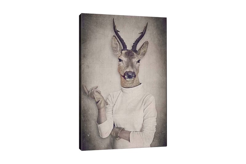 Lerretsbilde 70x100 cm - Surrealistisk bilde av en mann med et hjortehode som gestikulerer med hånden, Beige / Grå / Brun