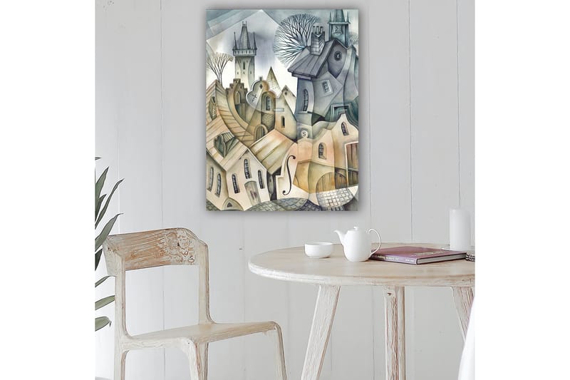 Lerretsbilde 70x100 cm - Surrealistisk bybilde med bølgende hus og tårn som skaper en drømmeaktig atmosfære - Grå / Beige / Hvit - Interiør - Maleri & posters - Lerretsbilder