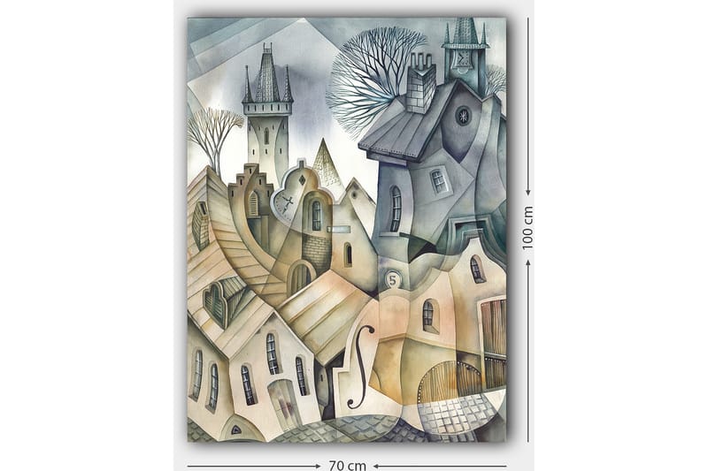 Lerretsbilde 70x100 cm - Surrealistisk bybilde med bølgende hus og tårn som skaper en drømmeaktig atmosfære - Grå / Beige / Hvit - Interiør - Maleri & posters - Lerretsbilder