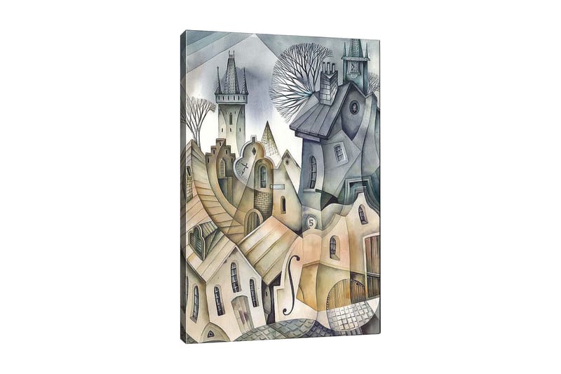 Lerretsbilde 70x100 cm - Surrealistisk bybilde med bølgende hus og tårn som skaper en drømmeaktig atmosfære, Grå / Beige / Hvit