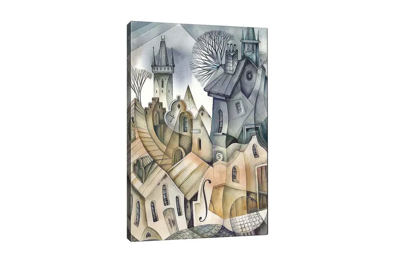 Lerretsbilde 70x100 cm - Surrealistisk bybilde med bølgende hus og tårn som skaper en drømmeaktig atmosfære, Grå / Beige / Hvit