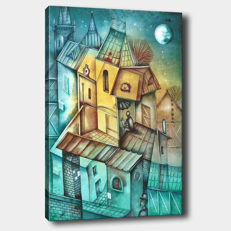 Lerretsbilde 70x100 cm - Surrealistisk bybilde med fargerike hus og en person som sitter på taket under en parasoll, Grønn / Gul / Blå