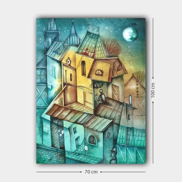 Lerretsbilde 70x100 cm - Surrealistisk bybilde med fargerike hus og en person som sitter på taket under en parasoll - Grønn / Gul / Blå - Interiør - Maleri & posters - Lerretsbilder