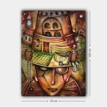Lerretsbilde 70x100 cm - Surrealistisk komposisjon med en stor, ansiktslignende figur iført hatt med en bygning og en bevinget figur på toppen - Brun / Grønn / Beige - Interiør - Maleri & posters - Lerretsbilder