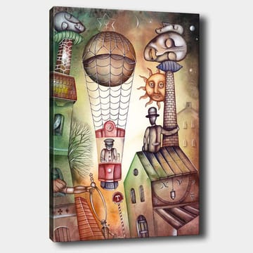 Lerretsbilde 70x100 cm - Surrealistisk scene med en varmluftsballong som svever over en by med karakteristiske bygninger og figurer - Grønn / Brun / Beige - Interiør - Maleri & posters - Lerretsbilder