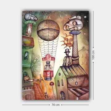 Lerretsbilde 70x100 cm - Surrealistisk scene med en varmluftsballong som svever over en by med karakteristiske bygninger og figurer - Grønn / Brun / Beige - Interiør - Maleri & posters - Lerretsbilder