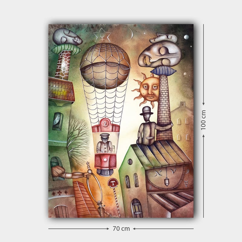 Lerretsbilde 70x100 cm - Surrealistisk scene med en varmluftsballong som svever over en by med karakteristiske bygninger og figurer - Grønn / Brun / Beige - Interiør - Maleri & posters - Lerretsbilder