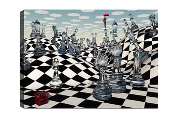 Lerretsbilde 70x100 cm - Surrealistisk sjakkbrett med gjennomsiktige sjakkbrikker som strekker seg over bølgende landskap - Svart / Hvit / Gjennomsiktig - Interiør - Maleri & posters - Lerretsbilder