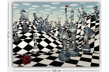Lerretsbilde 70x100 cm - Surrealistisk sjakkbrett med gjennomsiktige sjakkbrikker som strekker seg over bølgende landskap - Svart / Hvit / Gjennomsiktig - Interiør - Maleri & posters - Lerretsbilder