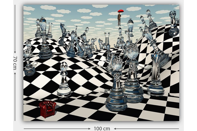 Lerretsbilde 70x100 cm - Surrealistisk sjakkbrett med gjennomsiktige sjakkbrikker som strekker seg over bølgende landskap - Svart / Hvit / Gjennomsiktig - Interiør - Maleri & posters - Lerretsbilder