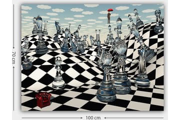 Lerretsbilde 70x100 cm - Surrealistisk sjakkbrett med gjennomsiktige sjakkbrikker som strekker seg over bølgende landskap - Svart / Hvit / Gjennomsiktig - Interiør - Maleri & posters - Lerretsbilder