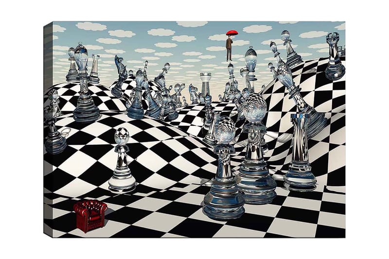 Lerretsbilde 70x100 cm - Surrealistisk sjakkbrett med gjennomsiktige sjakkbrikker som strekker seg over bølgende landskap, Svart / Hvit / Gjennomsiktig