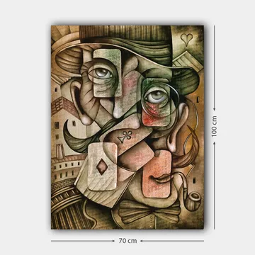 Lerretsbilde 70x100 cm - Surrealistisk portrettkomposisjon med to ansikter og spillekortelementer - Grønn / Brun / Rød - Interiør - Maleri & posters - Lerretsbilder