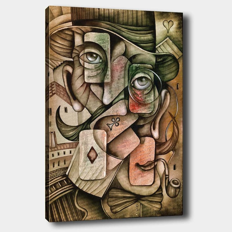 Lerretsbilde 70x100 cm - Surrealistisk portrettkomposisjon med to ansikter og spillekortelementer - Grønn / Brun / Rød - Interiør - Maleri & posters - Lerretsbilder