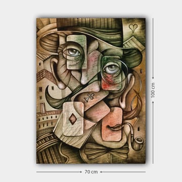 Lerretsbilde 70x100 cm - Surrealistisk portrettkomposisjon med to ansikter og spillekortelementer - Grønn / Brun / Rød - Interiør - Maleri & posters - Lerretsbilder