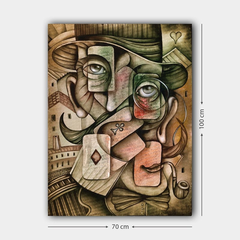 Lerretsbilde 70x100 cm - Surrealistisk portrettkomposisjon med to ansikter og spillekortelementer - Grønn / Brun / Rød - Interiør - Maleri & posters - Lerretsbilder