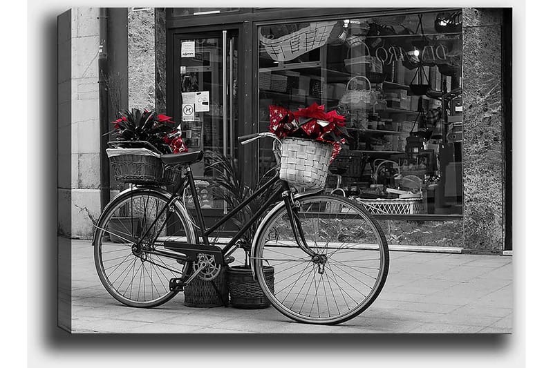 Lerretsbilde 70x100 cm - Svart sykkel med blomster i kurver på en gate - Rød / Svart / Grå - Interiør - Maleri & posters - Lerretsbilder
