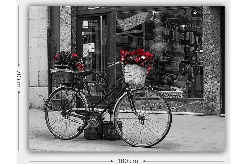 Lerretsbilde 70x100 cm - Svart sykkel med blomster i kurver på en gate - Rød / Svart / Grå - Interiør - Maleri & posters - Lerretsbilder