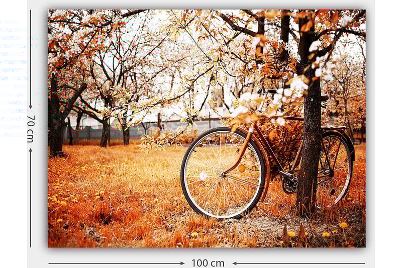 Lerretsbilde 70x100 cm - Sykkel lent mot et tre i et høstlandskap med oransje og gule blader - Oransje / Gul / Brun - Interiør - Maleri & posters - Lerretsbilder