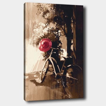 Lerretsbilde 70x100 cm - Sykkel med rød hatt i frodige, grønne omgivelser - Rød / Brun / Svart - Interiør - Maleri & posters - Lerretsbilder