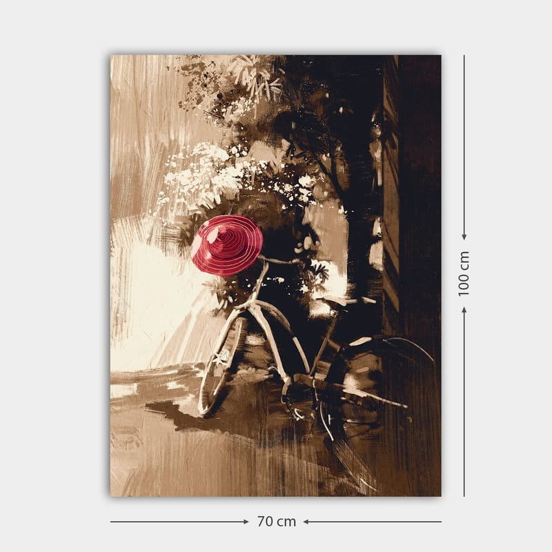 Lerretsbilde 70x100 cm - Sykkel med rød hatt i frodige, grønne omgivelser - Rød / Brun / Svart - Interiør - Maleri & posters - Lerretsbilder