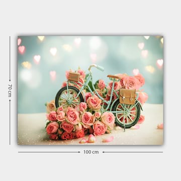 Lerretsbilde 70x100 cm - Sykkel omgitt av rosa roser i et romantisk og drømmeaktig miljø - Rosa / Mintgrønn / Svart - Interiør - Maleri & posters - Lerretsbilder