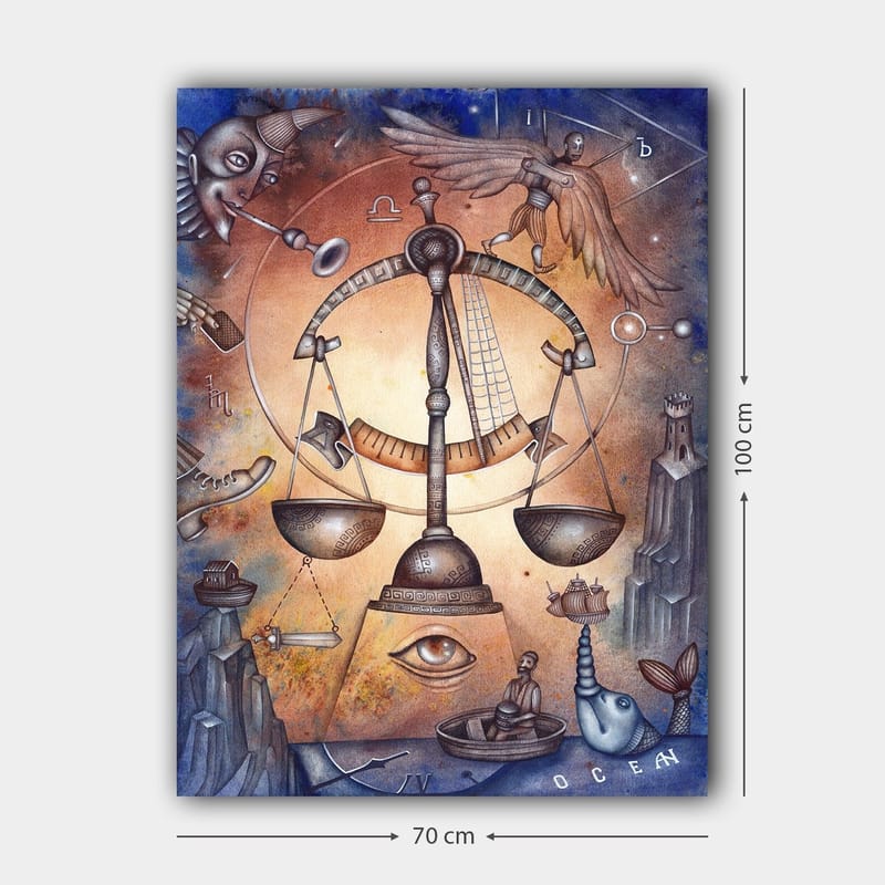 Lerretsbilde 70x100 cm - Symbolsk skala som representerer balanse, omgitt av ulike elementer som representerer livets kompleksitet - Gull / Blå / Brun - Interiør - Maleri & posters - Lerretsbilder