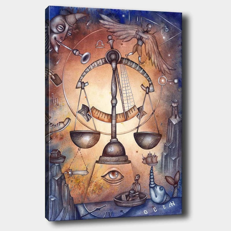 Lerretsbilde 70x100 cm - Symbolsk skala som representerer balanse, omgitt av ulike elementer som representerer livets kompleksitet - Gull / Blå / Brun - Interiør - Maleri & posters - Lerretsbilder