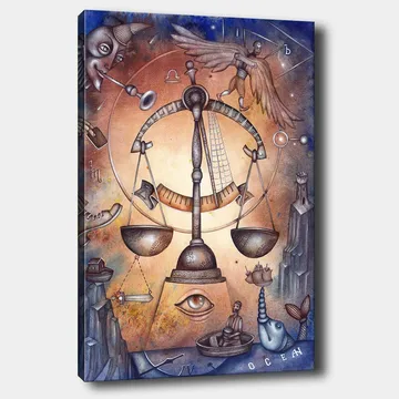 Lerretsbilde 70x100 cm - Symbolsk skala som representerer balanse, omgitt av ulike elementer som representerer livets kompleksitet - Gull / Blå / Brun - Interiør - Maleri & posters - Lerretsbilder