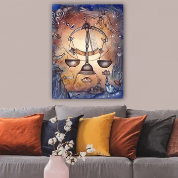 Lerretsbilde 70x100 cm - Symbolsk skala som representerer balanse, omgitt av ulike elementer som representerer livets kompleksitet - Gull / Blå / Brun - Interiør - Maleri & posters - Lerretsbilder