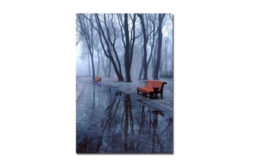Lerretsbilde 70x100 cm - Tåkete park med to oransje benker omgitt av kalde, nakne trær - Oransje / Blå / Grå - Interiør - Maleri & posters - Lerretsbilder