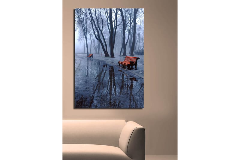 Lerretsbilde 70x100 cm - Tåkete park med to oransje benker omgitt av kalde, nakne trær - Oransje / Blå / Grå - Interiør - Maleri & posters - Lerretsbilder