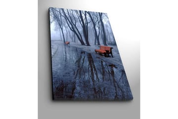 Lerretsbilde 70x100 cm - Tåkete park med to oransje benker omgitt av kalde, nakne trær - Oransje / Blå / Grå - Interiør - Maleri & posters - Lerretsbilder