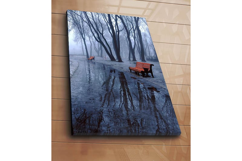 Lerretsbilde 70x100 cm - Tåkete park med to oransje benker omgitt av kalde, nakne trær - Oransje / Blå / Grå - Interiør - Maleri & posters - Lerretsbilder