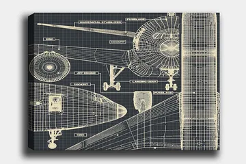 Lerretsbilde 70x100 cm - Teknisk tegning av et fly med detaljerte komponenter - Mørk blå / Lys beige - Interiør - Maleri & posters - Lerretsbilder