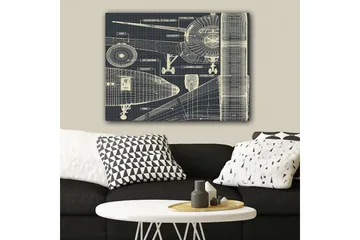 Lerretsbilde 70x100 cm - Teknisk tegning av et fly med detaljerte komponenter - Mørk blå / Lys beige - Interiør - Maleri & posters - Lerretsbilder