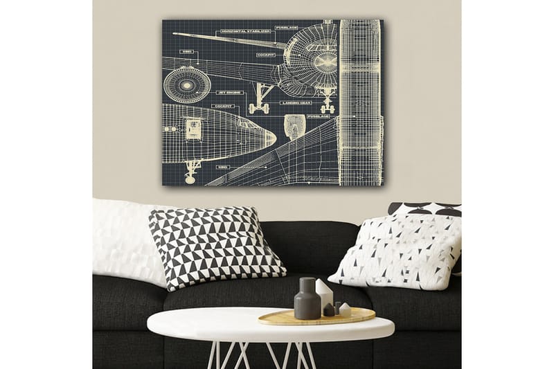 Lerretsbilde 70x100 cm - Teknisk tegning av et fly med detaljerte komponenter - Mørk blå / Lys beige - Interiør - Maleri & posters - Lerretsbilder