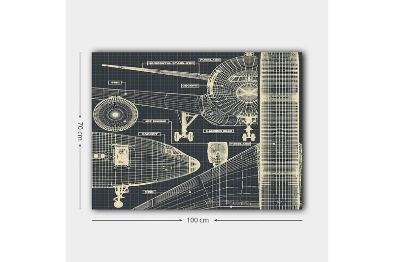 Lerretsbilde 70x100 cm - Teknisk tegning av et fly med detaljerte komponenter - Mørk blå / Lys beige - Interiør - Maleri & posters - Lerretsbilder